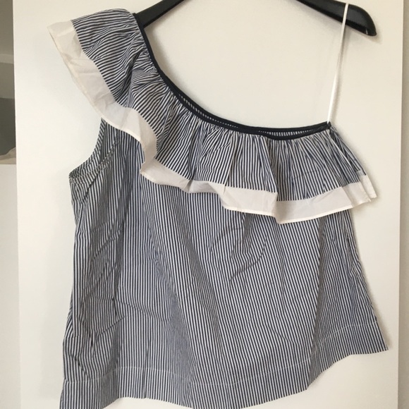 J.Crew Stripe Ruffle One Shoulder Top Sz 10 - Picture 2 of 5